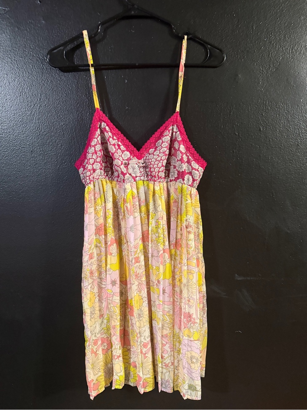 Liberty of London Pink & Yellow Floral Mini Dress with Crochet Trim